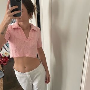 Crop Fuzzy Pink Collared Shirt